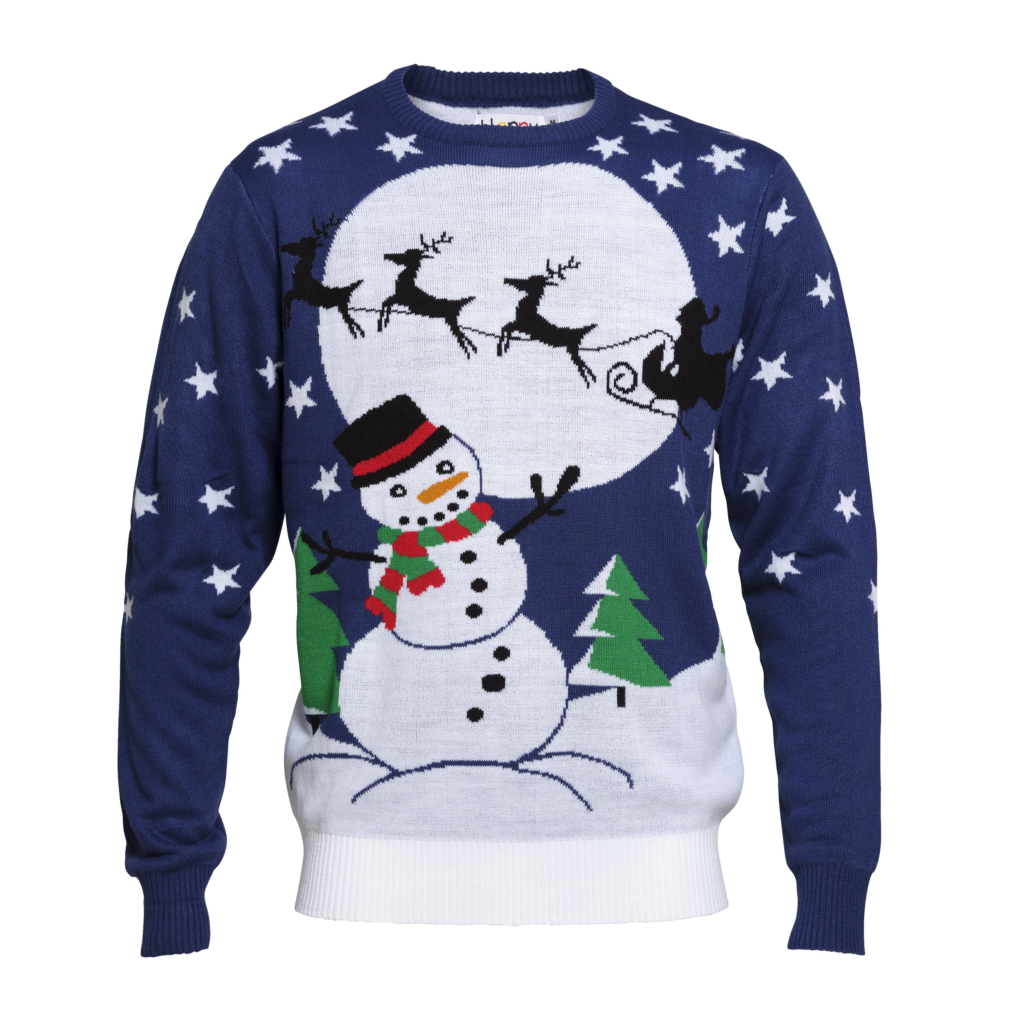 Ein blauer Weihnachtspulli mit einem Schneemann und einem Mond darauf.